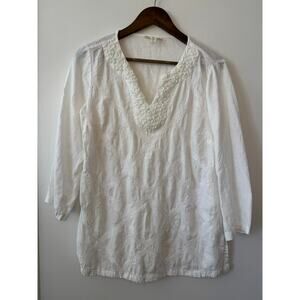Charter Club White 3/4 Sleeve 100% Linen Embroidered Tunic Top Size Small